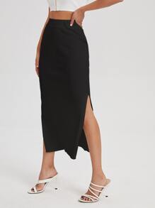 SHEIN Essnce Split Thigh Knit Skirt - Black - View 5
