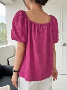 DAZY 泡泡袖紋理襯衫 - 玫紅色 - 查看 2