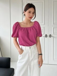 DAZY 泡泡袖紋理襯衫 - 玫紅色 - 查看 3