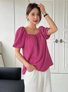 DAZY 泡泡袖紋理襯衫 - 玫紅色 - 查看 4