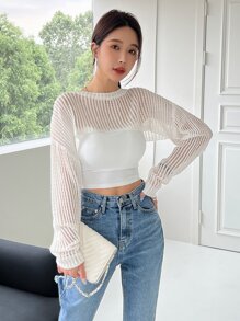 DAZY Open Knit Drop Shoulder Super Crop Jumper Without Camisole - White - View 3