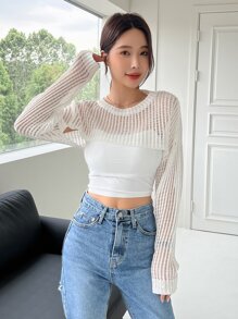 DAZY Open Knit Drop Shoulder Super Crop Jumper Without Camisole - White - View 4