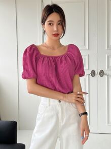 DAZY 泡泡袖紋理襯衫 - 玫紅色 - 查看 8