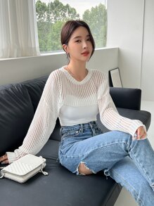 DAZY Open Knit Drop Shoulder Super Crop Jumper Without Camisole - White - View 8
