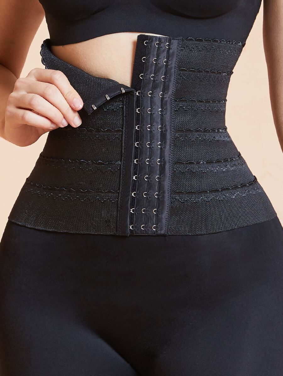 Women's Black Fabric High Stretch Casual Comfy Plain Button Front Waist Trainer Corset - Black - View 1