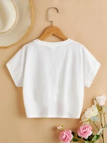 SHEIN Young Girls' Casual Sports Round Neck Batwing Sleeve Knit Short Sleeve T-Shirt With Plant And Floral Print For Summer - White - View 2