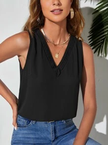 SHEIN Clasi Solid V Neck Blouse - Black - View 1