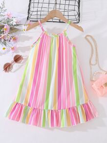 SHEIN Young Girl Rainbow Striped Print Ruffle Hem Cami Dress - Multicolor - View 1