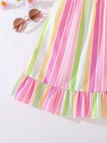 SHEIN Young Girl Rainbow Striped Print Ruffle Hem Cami Dress - Multicolor - View 3