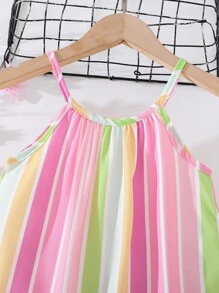 SHEIN Young Girl Rainbow Striped Print Ruffle Hem Cami Dress - Multicolor - View 4