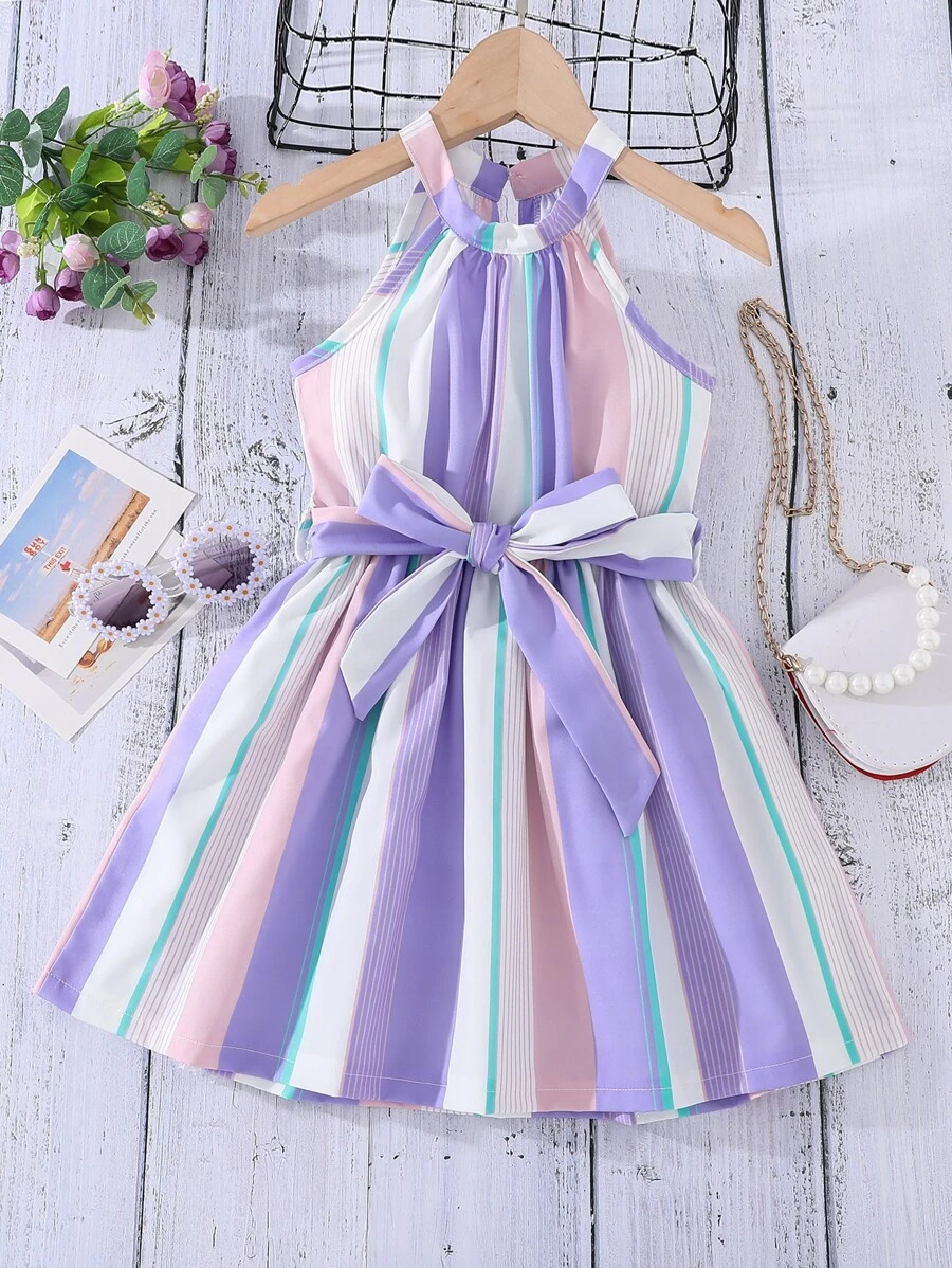 Young Girl Block Striped Sleeveless Belted Dress
