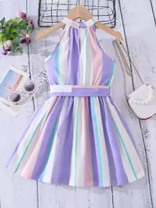 Young Girl Block Striped Sleeveless Belted Dress