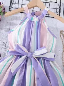 Young Girl Block Striped Sleeveless Belted Dress