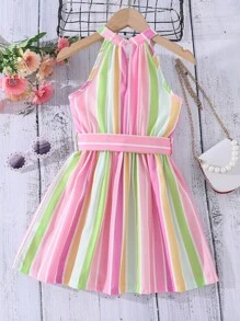 SHEIN Meninas pequenas Vestido com cinto Bloco Listrado Sem Mangas