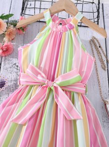 SHEIN Meninas pequenas Vestido com cinto Bloco Listrado Sem Mangas