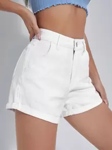 SHEIN EZwear Rolled Hem Denim Shorts - White - View 4