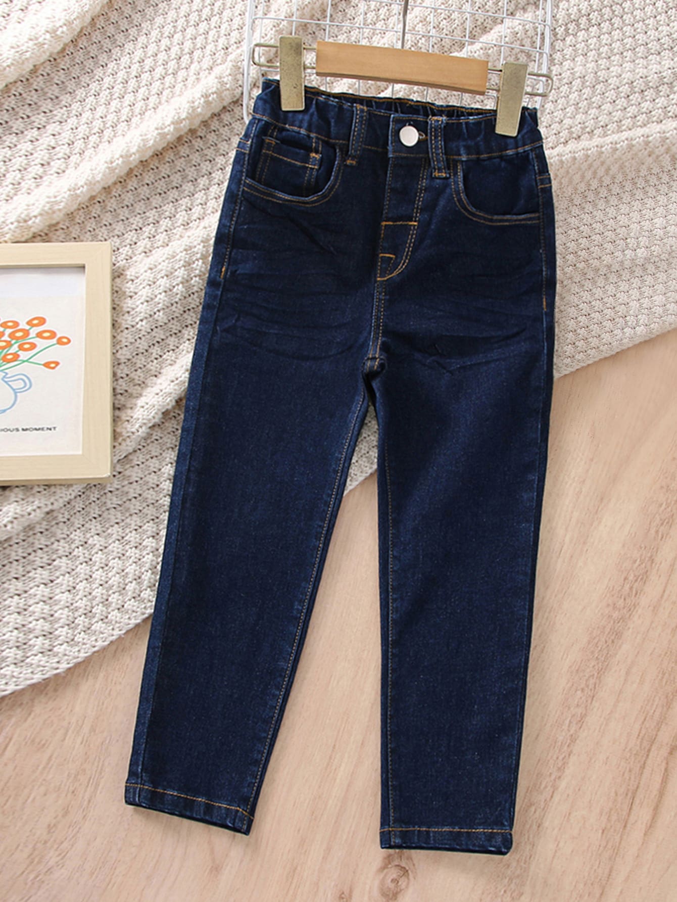 Genkimix Kids Young Boy Neutral Casual Simple Preppy Elastic Waist Jeans, School, Campus, College Summer Holiday - Dark Wash - View 1