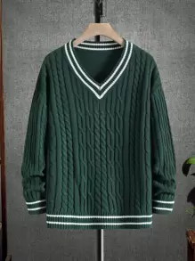 Aesthetic Post Hombres Jersey cricket tejido de cable de hombros caídos - Verde Oscuro - Ver 2
