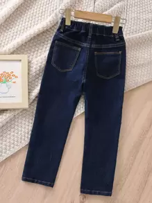 Genkimix Kids Young Boy Neutral Casual Simple Preppy Elastic Waist Jeans, School, Campus, College Summer Holiday - Dark Wash - View 2