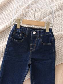 Genkimix Kids Young Boy Neutral Casual Simple Preppy Elastic Waist Jeans, School, Campus, College Summer Holiday - Dark Wash - View 3