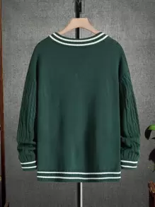 Aesthetic Post Hombres Jersey cricket tejido de cable de hombros caídos - Verde Oscuro - Ver 3