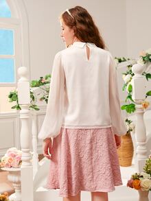 SHEIN 青少年女孩荷葉邊燈籠袖襯衫和花卉圖案提花半身裙