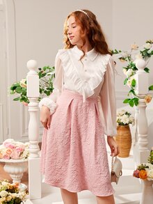 SHEIN 青少年女孩荷葉邊燈籠袖襯衫和花卉圖案提花半身裙