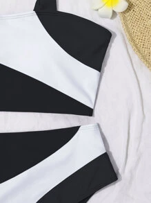 Bộ đồ bơi bikini 2 mảnh buộc vai phối màu mùa hè & quần cạp cao - Đen và trắng - Xem 3