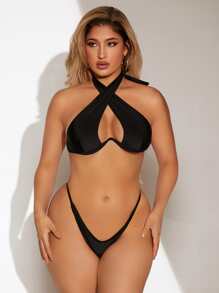 Bikini con tiras cruzadas, sostén halter, realce de pecho y tanga - Negro - Ver 4