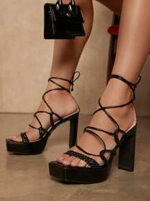 Open Toe Braided Strappy Platform High Heels - Black - View 1