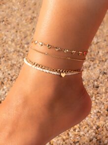 4pcs Holiday Style Heart Chain Pearl Anklet (Random Heart Chain Quantity, Based On Length) Valentine's Day Valentines,Mom,Mother,Mother's Day,Gift