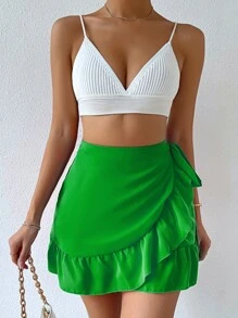 SHEIN Essnce 側打結荷葉邊裹身裙 - 綠色 - 查看 4