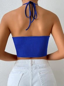 Chiquease Drawstring Knot Front Rib-knit Crop Halter Top - Royal Blue - View 2