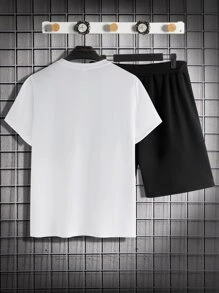 Manfinity Homme 男士字母圖案T恤和短褲 - 黑與白 - 查看 2