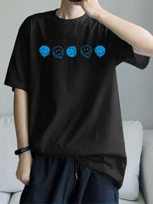 Manfinity Roghcode Men Slogan & Cartoon Face Print Drop Shoulder Tee - Black - View 2