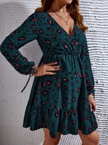 SHEIN Maternidad Vestido con estampado de puño con nudo bajo con fruncido - Agua verde azul - Ver 5