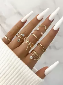 8pcs Bow & Rhinestone Decor Ring Valentines,Mom,Mother,Mother's Day,Gift - Yellow Gold - View 1