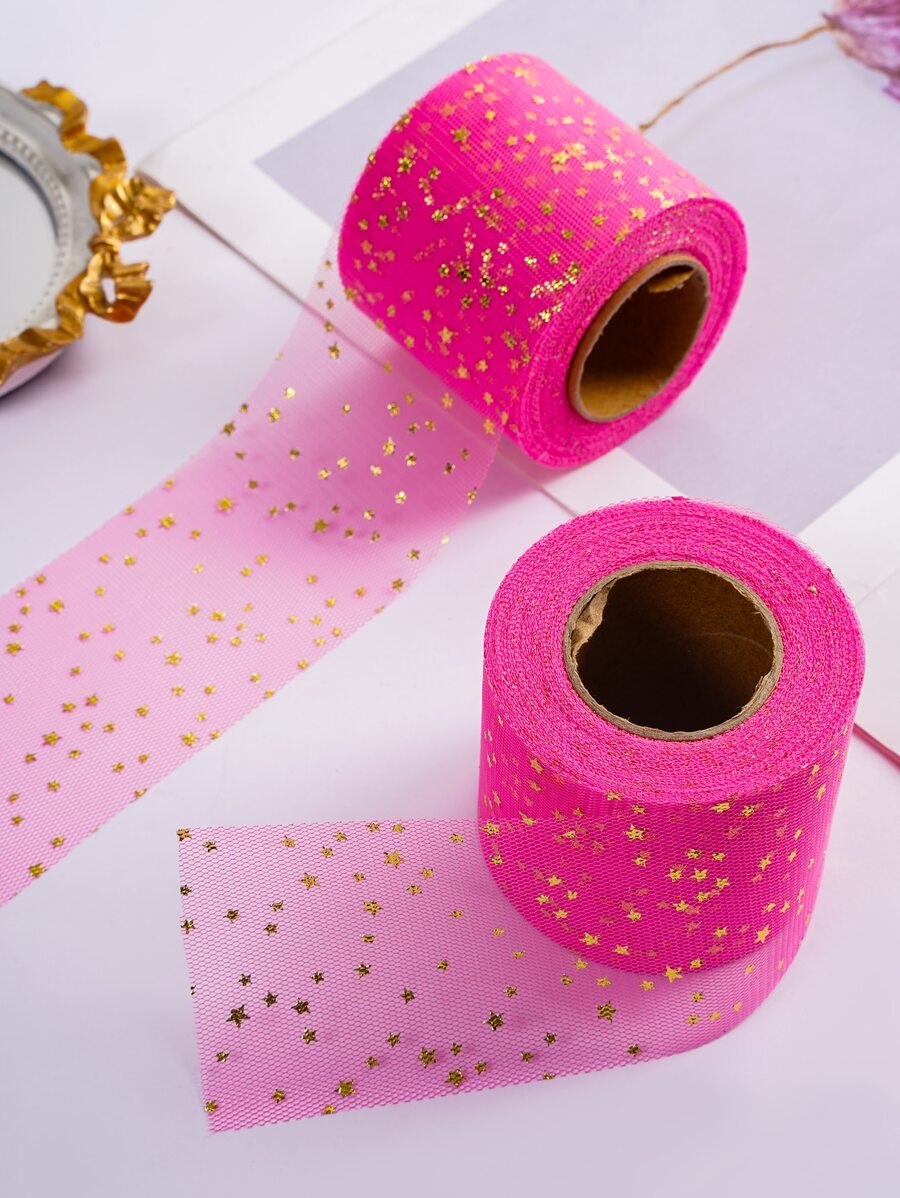 1roll Metallic Star Pattern Gift Wrapping Ribbon - Hot Pink - View 1