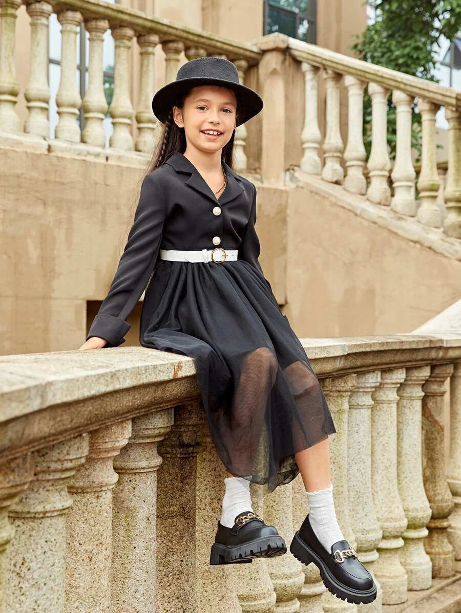 SHEIN 女孩西裝領洋裝和不對稱下擺網紗半身裙不附腰帶