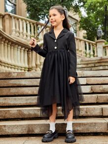 SHEIN 女孩西裝領洋裝和不對稱下擺網紗半身裙不附腰帶