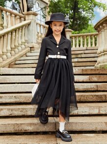 SHEIN 女孩西裝領洋裝和不對稱下擺網紗半身裙不附腰帶