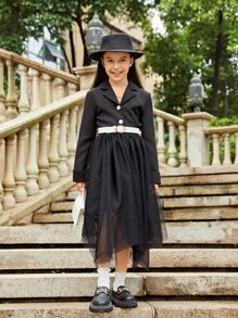 SHEIN 女孩西裝領洋裝和不對稱下擺網紗半身裙不附腰帶