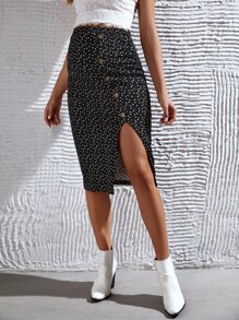 SHEIN Maternity Adjustable Waist Heart Print Split Skirt - Black - View 3