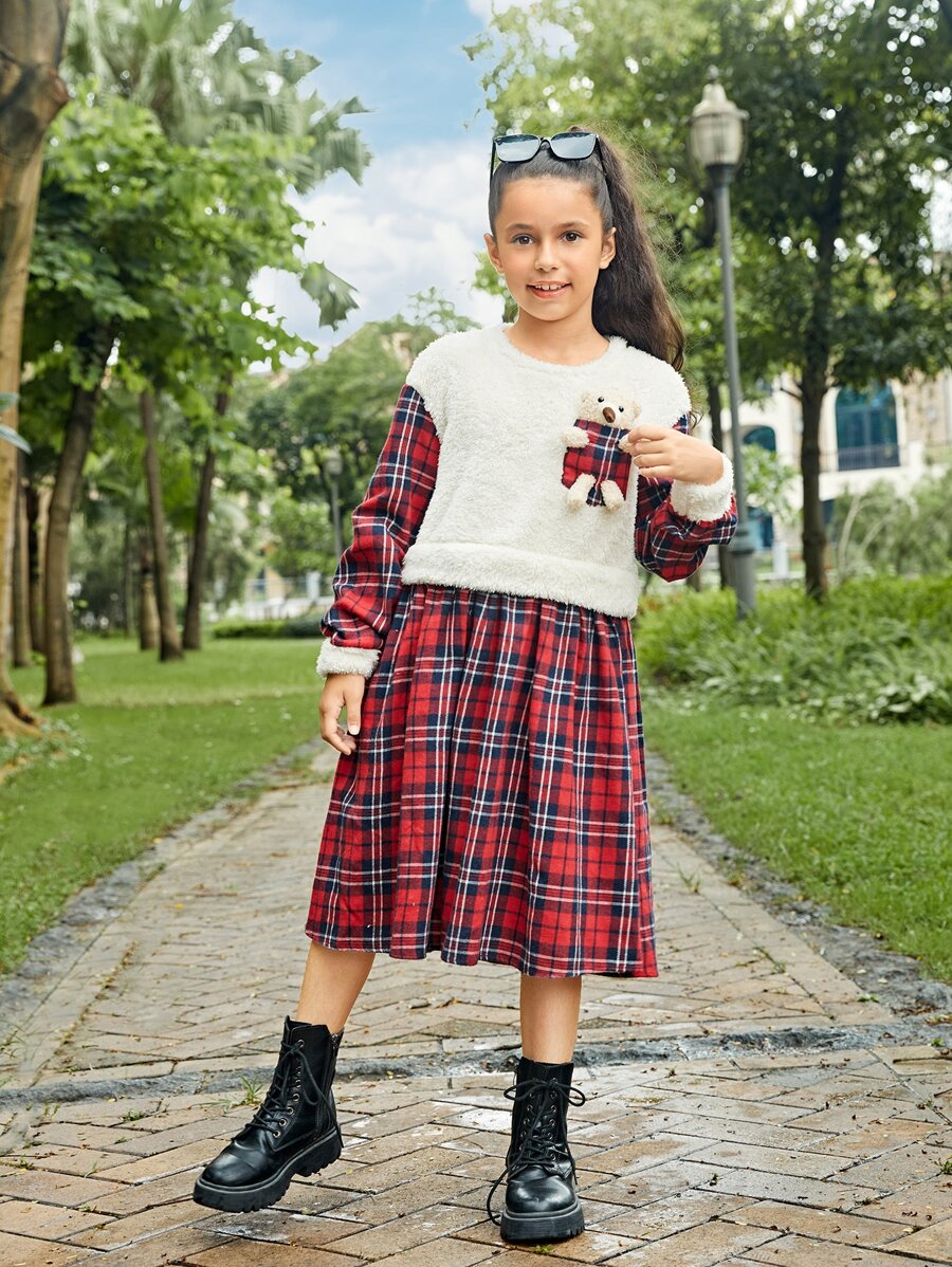 SHEIN Girls 1pc Tartan Pattern Flannel Bear Patched Dress - Multicolor - View 1