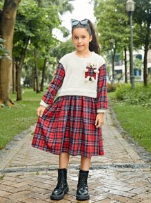 SHEIN Girls 1pc Tartan Pattern Flannel Bear Patched Dress - Multicolor - View 4