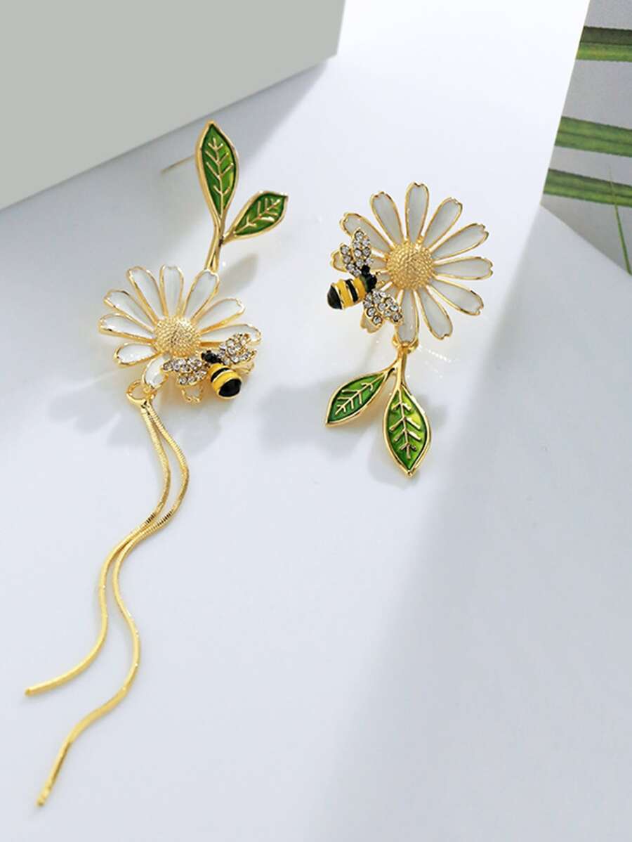 蜜蜂細節花和金屬流蘇不對稱耳墜 - 彩色 - 查看 1