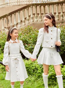 SHEIN Teen Girls Solid Textured 1pc Jacket & 1pc Flare Skirt Set - White - View 4