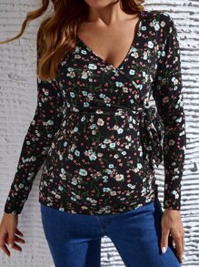 SHEIN Maternity Ditsy Floral Knot Side Wrap Tee - Multicolor - View 1