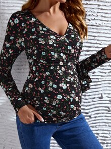 SHEIN Maternity Ditsy Floral Knot Side Wrap Tee - Multicolor - View 5