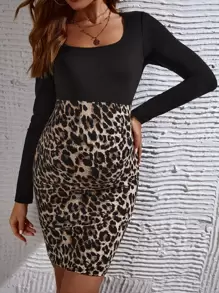 SHEIN Maternity Leopard Scoop Neck Bodycon Dress - Multicolor - View 1